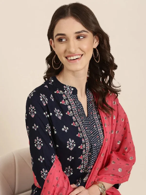 Women Navy Blue Floral Kurta Set-BC-SK-1221-Navyblue