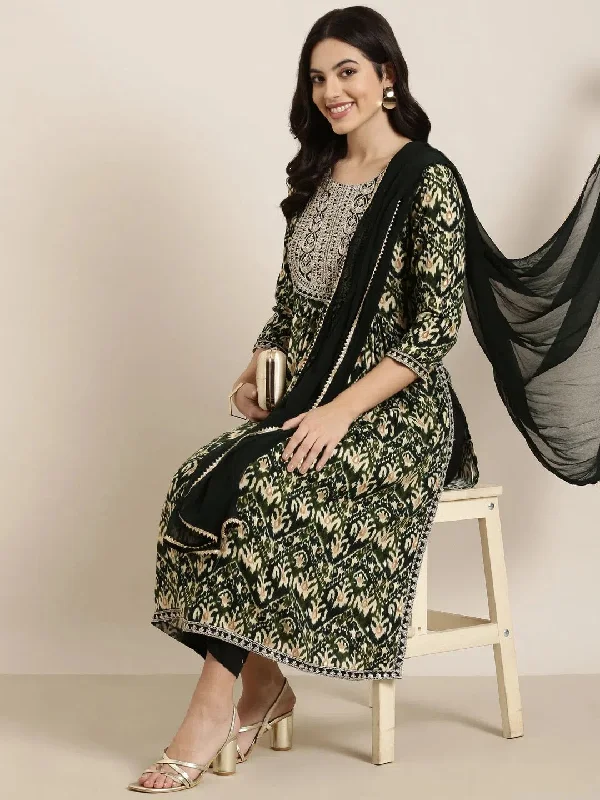 Women A-Line Green Ethnic Motifs Kurta and Trousers Set Comes With Dupatta-RJF-053-Green