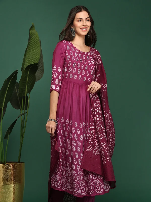 Women Bandhani Maroon A-Line Kurta Set with Dupatta-GW-3376-B-Maroon