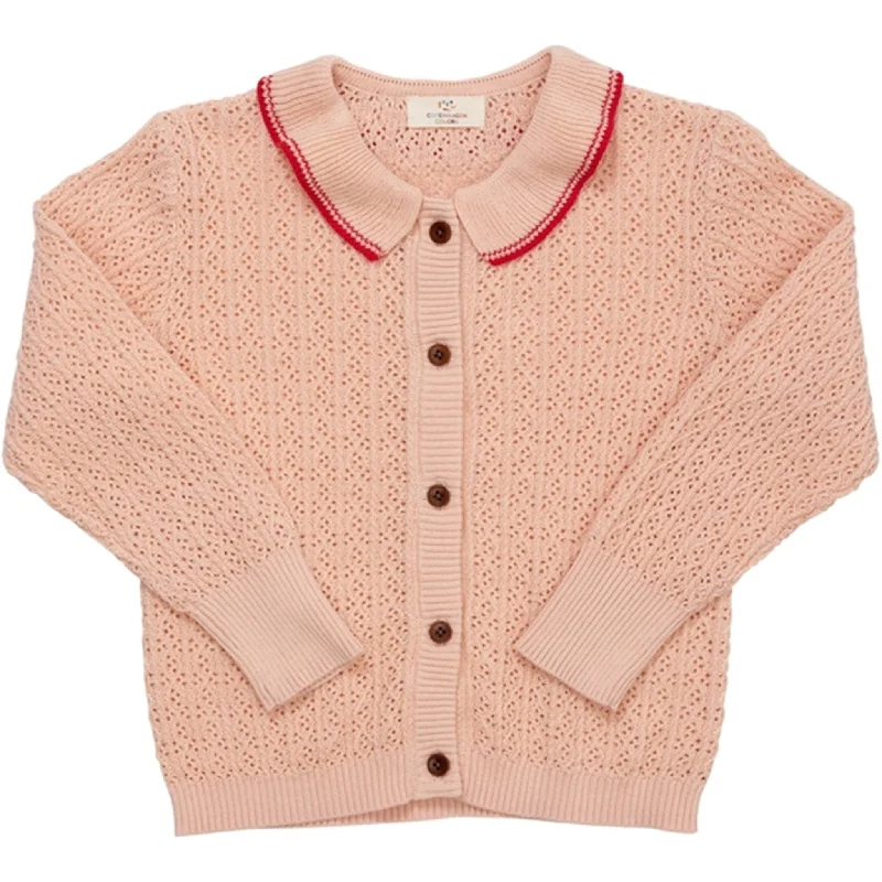 Embroidered cardiganCopenhagen Colors Dusty Rose/Red Comb. Pointelle Cable Knit Cardigan w. Collar