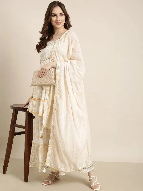 Women A-Line Cream Floral Kurti and Sharara Set Comes With Dupatta-TF-143-Cream