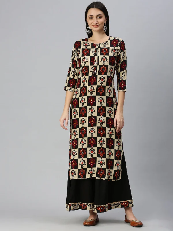 Women Straight Cream Printed Kurta and Palazzos-CRL1946-Cream-Black