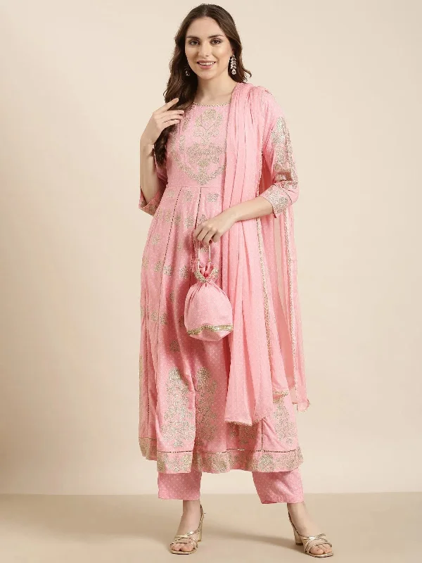 Women Anarkali Pink Floral Kurta and Trousers Set Comes With Dupatta and Potli Bag-GW-3369-Pink