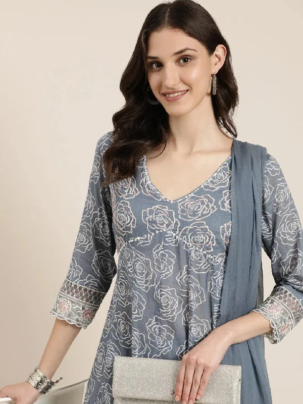 Women Grey Floral Kurta Set-UB-010-Grey