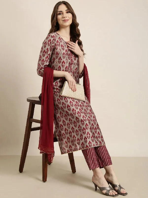 Women Straight Maroon Floral Kurta and Trousers Set Comes With Dupatta-UB-2451-Maroon