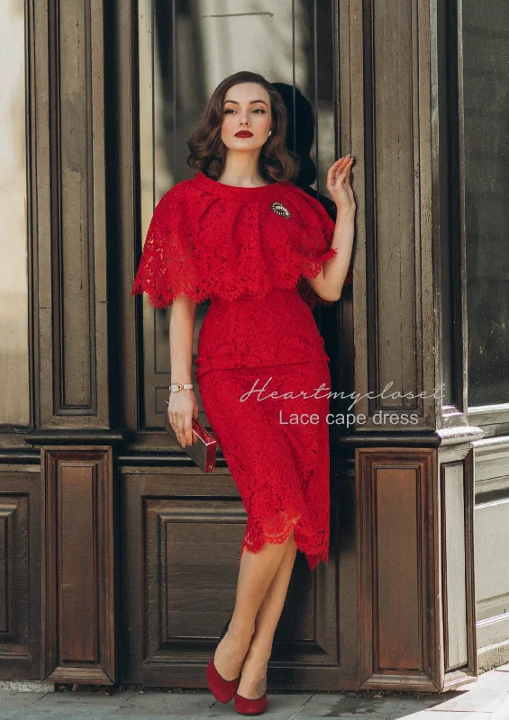 Red Lace Cape + dress - 50s 60s lace pencil dress with matching cape