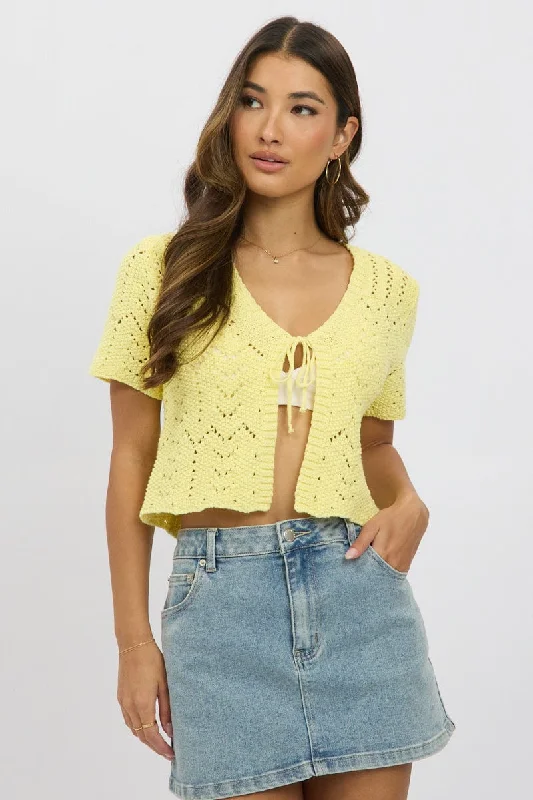 Oversized cardiganYellow Crochet Knit Cardigan Short Sleeve V Neck