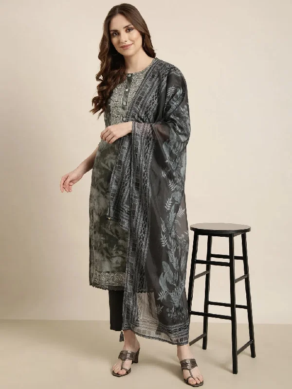 Women Straight Grey Floral Kurta and Trousers Set Comes With Dupatta-GW-4390-Grey