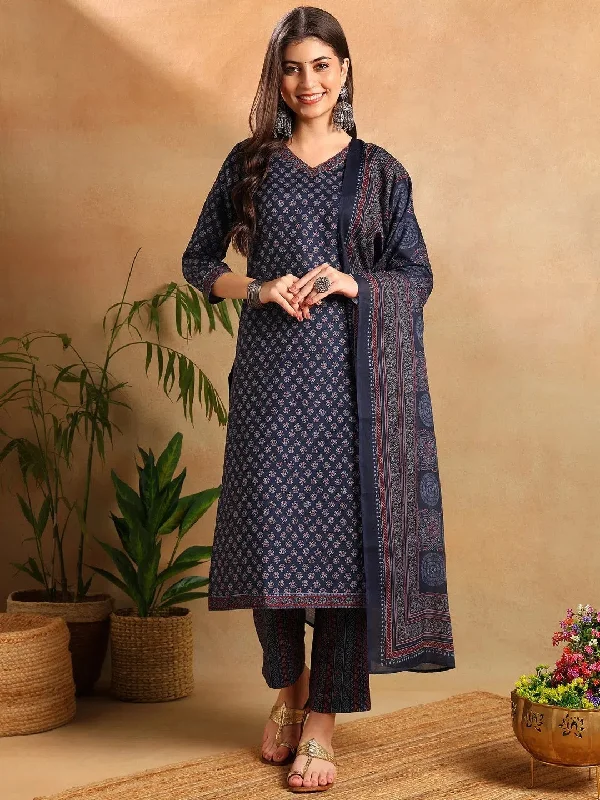 Ahika Women Navy Blue Poly Rayon Ajrakh Printed Straight Kurta Trousers With Dupatta-PKSKD2647