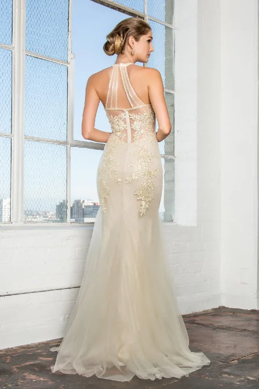 TightcommunityLong Wedding Dress Halter Lace Mermaid Gown