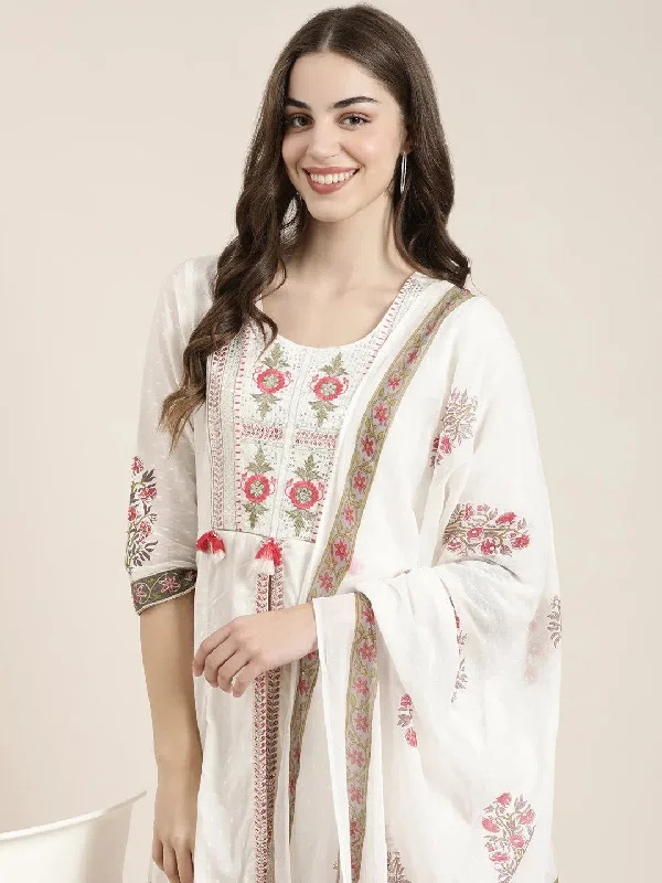 Women Off White Floral Kurta Set-RF-2019-Offwhite