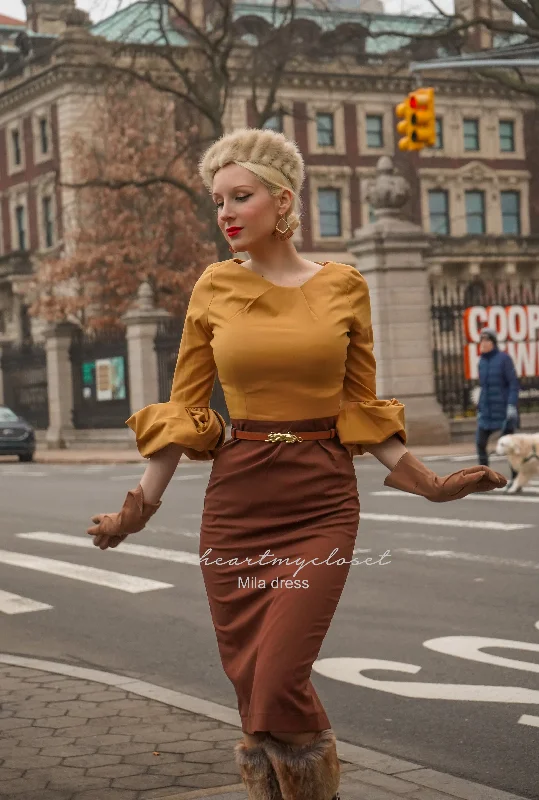 2 tone Mila - wiggle pencil dress with pleated puff sleeves