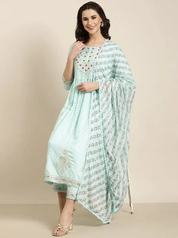 Women Straight Blue Chevron Kurta and Trousers Set Comes With Dupatta-DK-3174-Blue