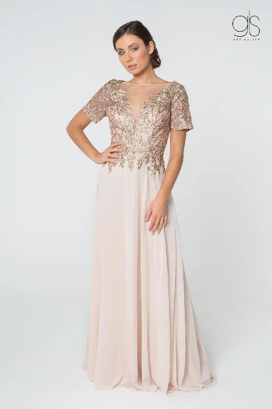 TightconnectionLong Formal Mother of the Bride Metallic Lace Chiffon Dress