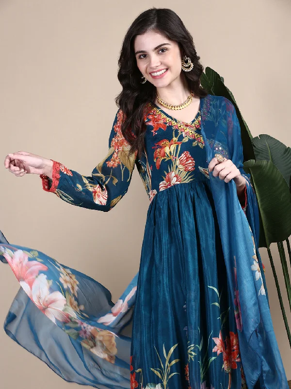 Women Floral Teal Anarkali Kurta Set with Dupatta-BC-SK-1942-Teal