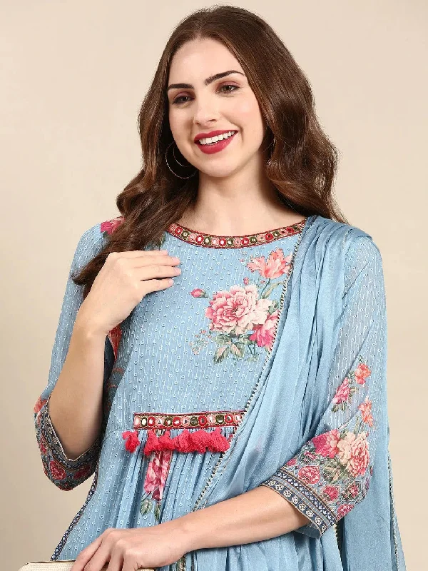 Women's Blue Printed Kurta Set-BC-1348-Blue