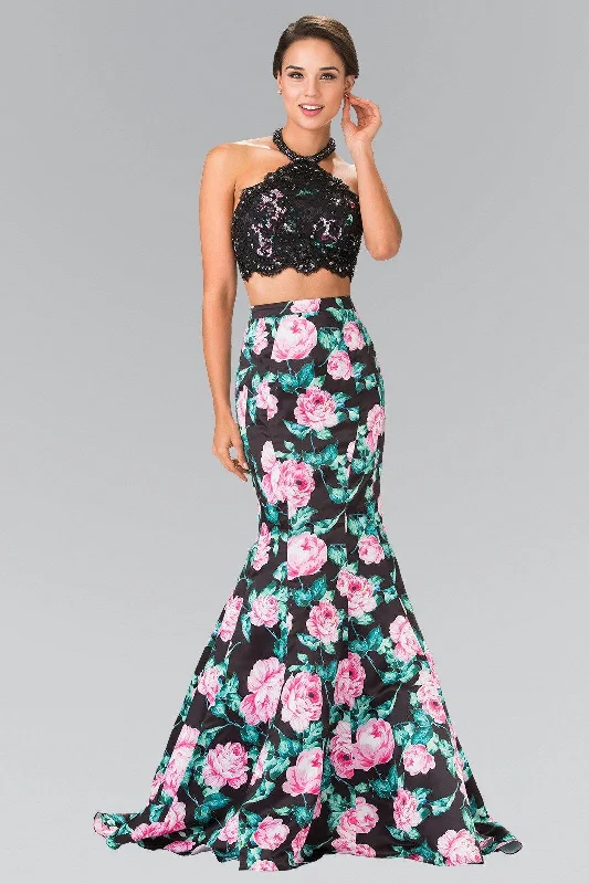 TightharmonyHalter-Neck Two-Piece Floral Print Long Prom Dress