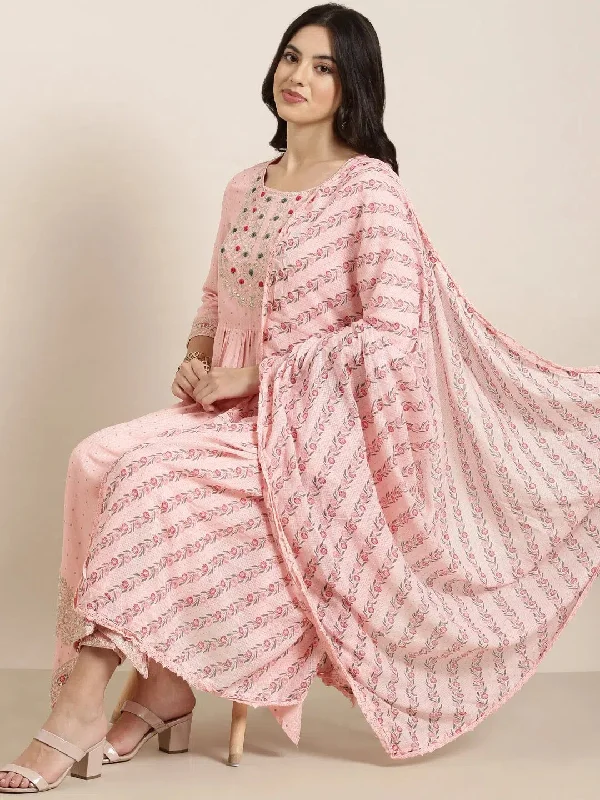 Women Straight Pink Chevron Kurta and Trousers Set Comes With Dupatta-DK-3174-Pink