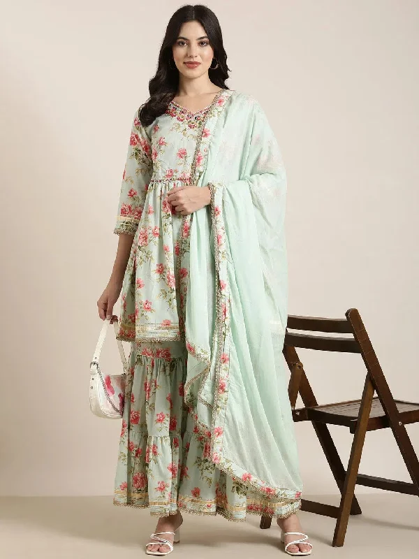 Women Anarkali Sea Green Floral Kurti and Sharara Set Comes With Dupatta-TF-131-Seagreen