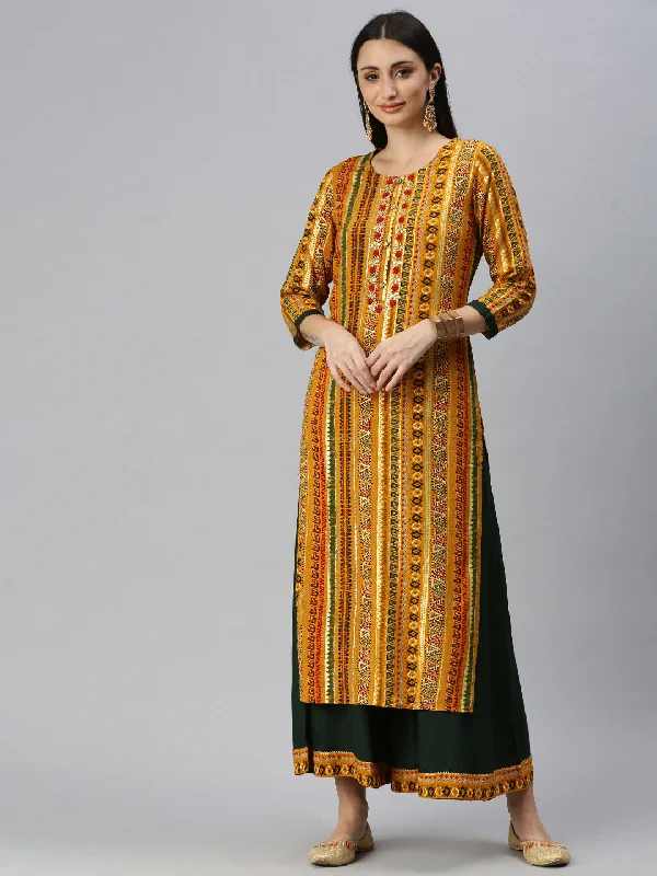 Women Straight Mustard Printed Kurta and Palazzos-CRL25100-Mustard