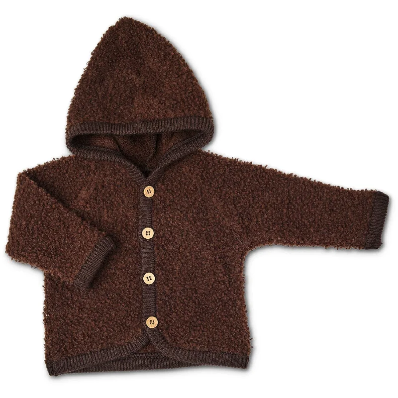 Smallstuff Brown Cardigan Bouclé Merino Wool With Buttons And Hood