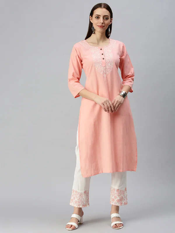 Women Straight Pink Embroidered Kurta and Trousers-AB2254-Pink