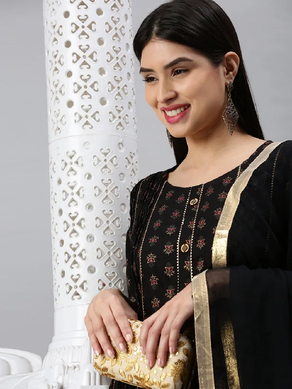 Women Straight Black Printed Kurta and Trousers-ON464-Black