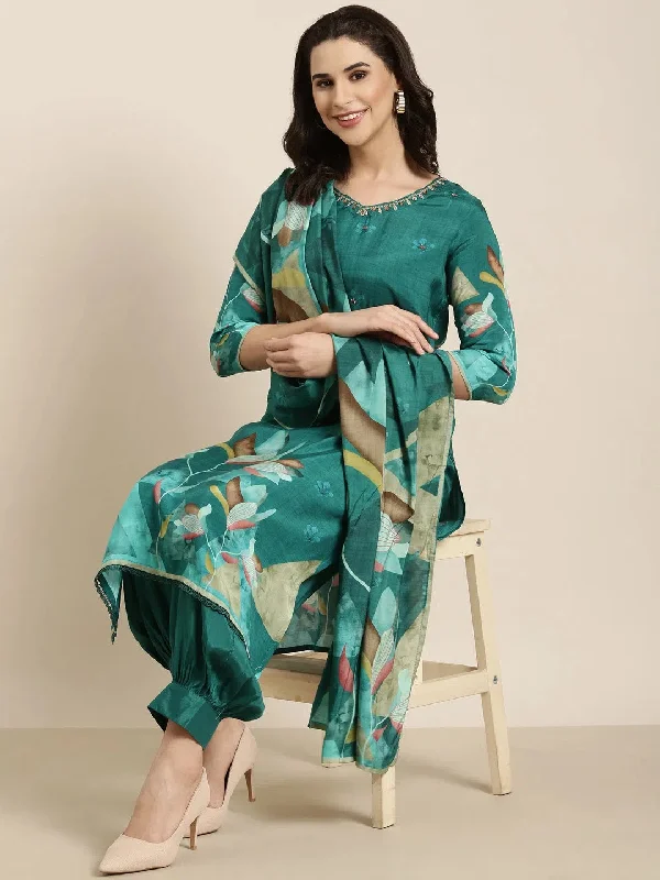 Women Straight Teal Floral Kurta and Patiala Set Comes With Dupatta-DW-SK-1957-Teal