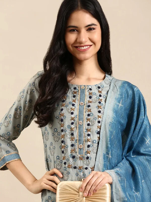 Women's Blue Floral Kurta Set-GW-3129-Blue