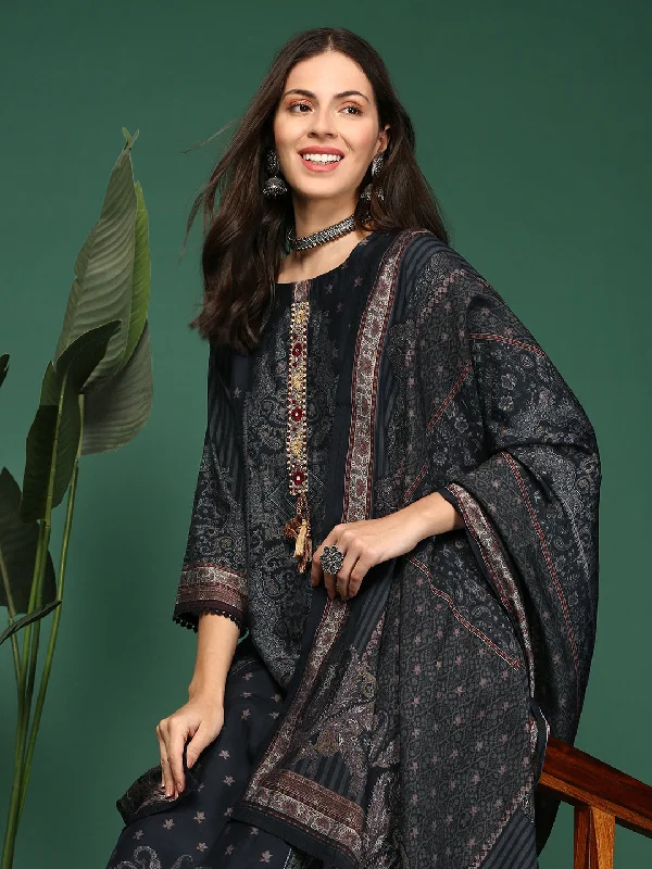 Women Graphic Charcoal Straight Kurta Set with Dupatta-BC-SK-1991-Charcoal