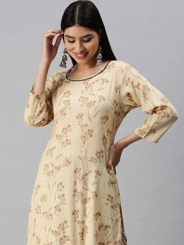 Women Straight Cream Printed Kurta and Trousers-RF1403-Cream