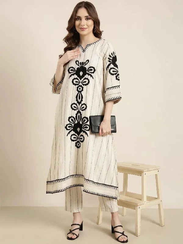 Women A-Line Cream Woven Design Kurta and Trousers Set-ON-757-Cream