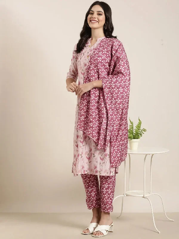 Women Straight Pink Floral Kurta and Trousers Set Comes With Dupatta-DK-1909-Pink