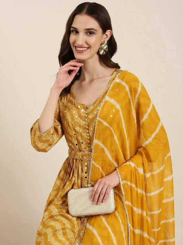 Women Mustard Printed Kurta Set-FS-3053-Mustard