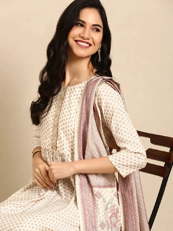 Women's Beige Printed Kurta Set-SKC-3331-Beige