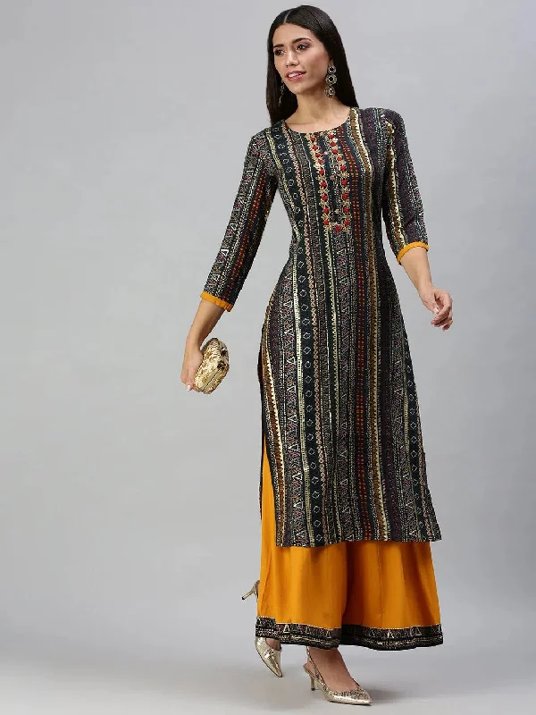 Women's Blue Printed Kurta Sets-GW1105-Navyblue