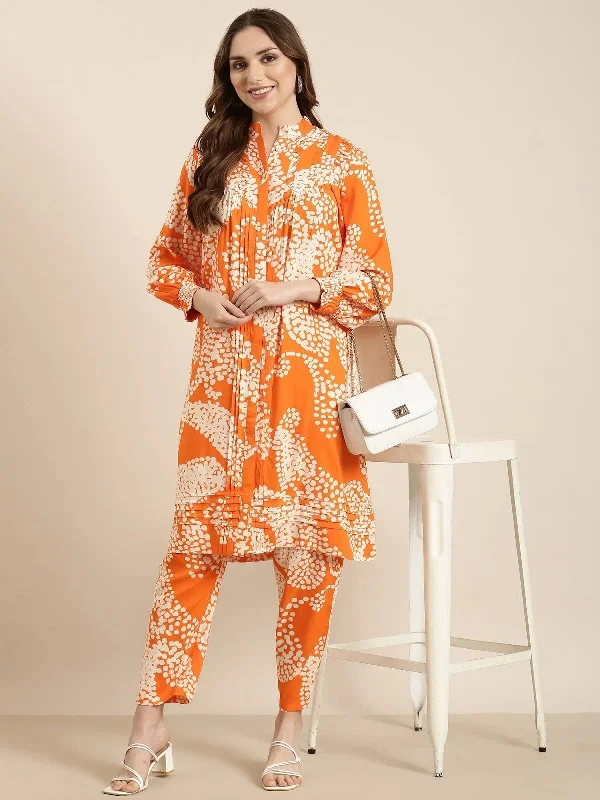 Women A-Line Orange Abstract Kurta and Trousers Set-ON-741-Orange