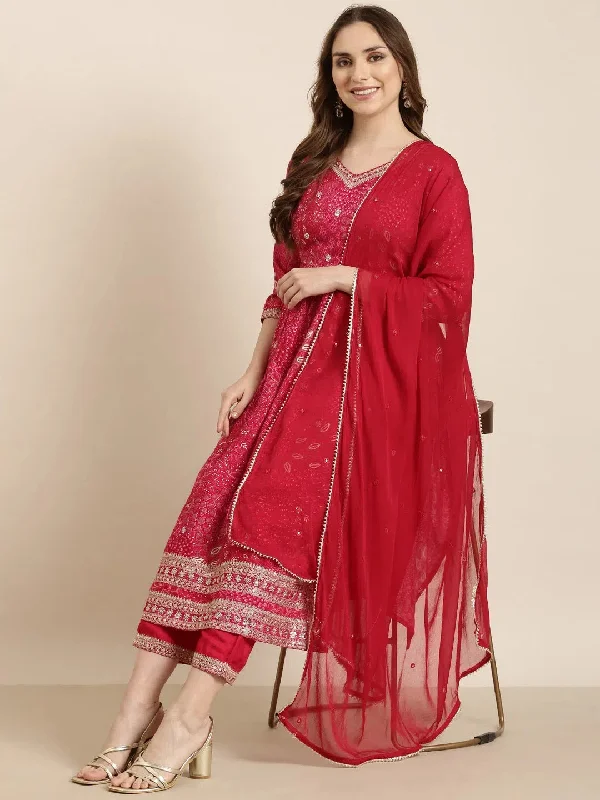 Women A-Line Pink Floral Kurta and Trousers Set Comes With Dupatta-DK-3572-Pink