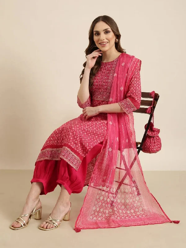 Women Straight Pink Geometric Kurta and Patiala Set Comes With Dupatta and Potli Bag-GW-4470-Pink