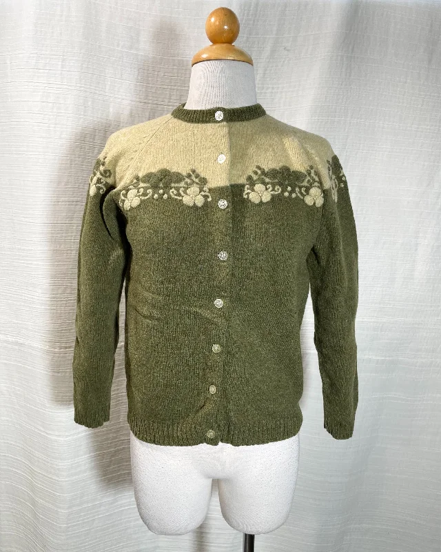 Hooded cardiganVintage 50s Two Tone Green Embroidered Cardigan Sweater, Preteen or Small Female XS/S