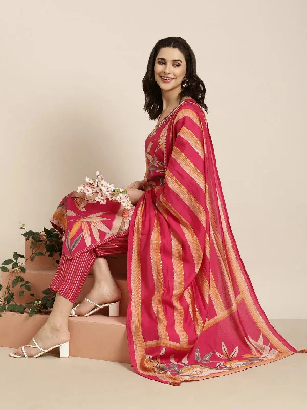 Women Straight Pink Floral Kurta and Trousers Set Comes With Dupatta-AT-A1418-KPD-Pink