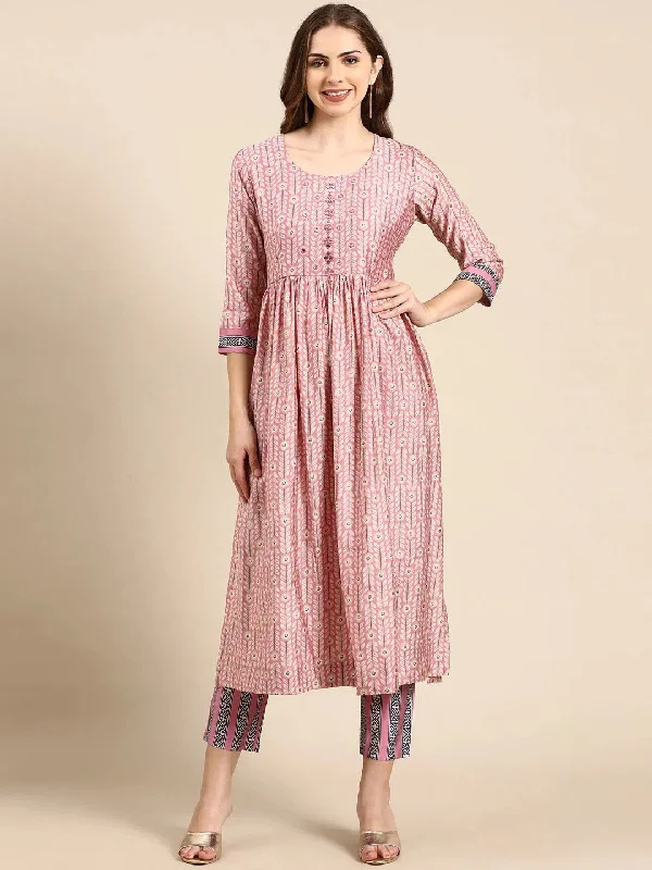 Women's Pink Printed Kurta Set-SKC-974-Pink