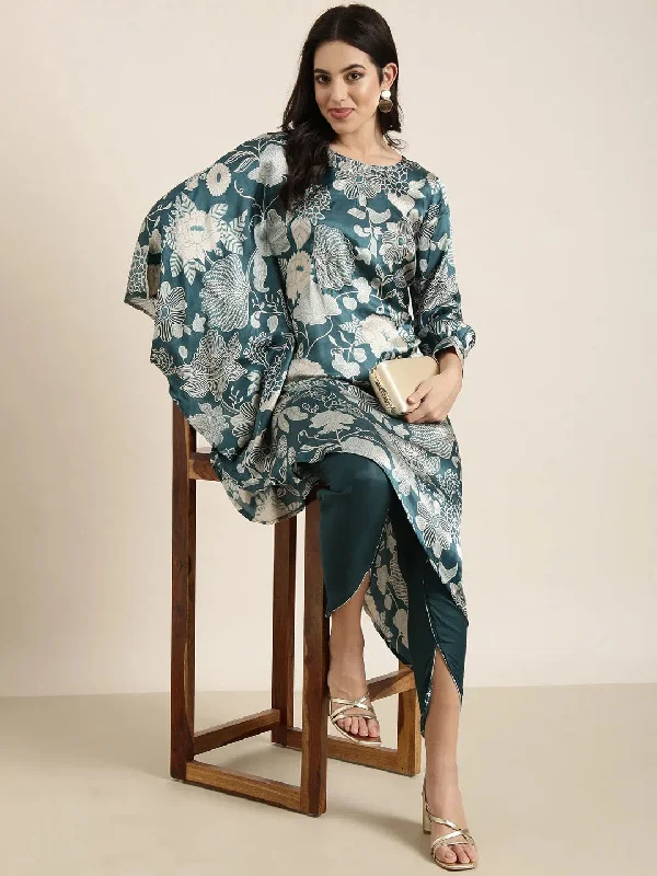 Women A-Line Teal Floral Kurta and Dhoti Pants Set-UB-3116-Teal