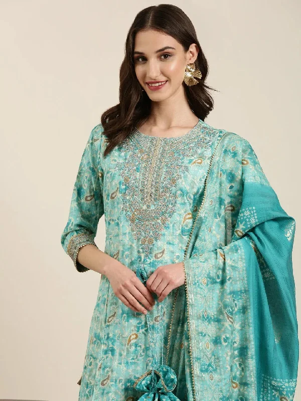 Women Turquoise Blue Paisley Kurta Set-GW-3627-Turquoiseblue