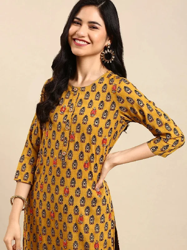 Women's Yellow Printed Kurta Set-GW-2253-Mustard