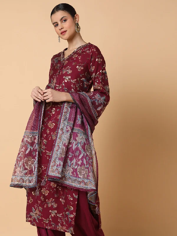 Women Floral Burgundy Kurta Set with Dupatta-GW-4699-Burgundy