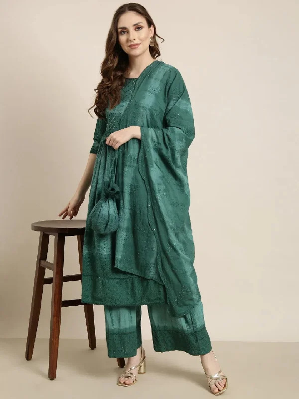 Women A-Line Sea Green Ombre Kurta and Trousers Set Comes With Dupatta and Potli Bag-GW-3529-Seagreen