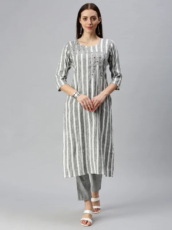 Women Straight White Striped Kurta and Trousers-SKC3170-White-Grey