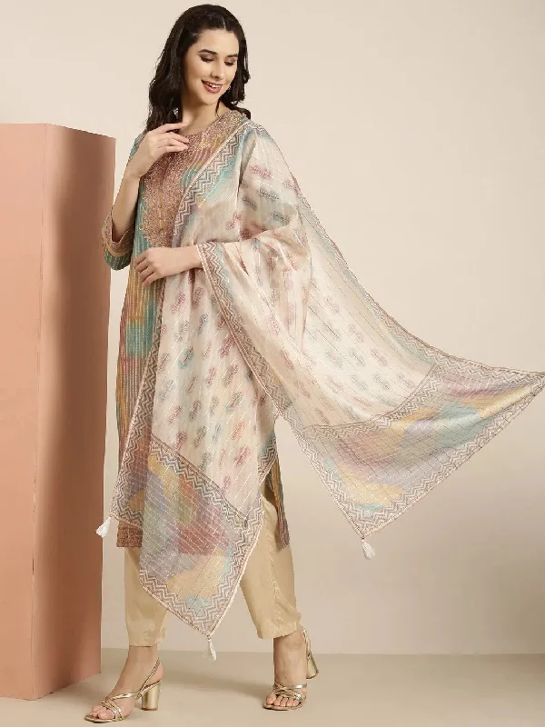 Women Straight Multi Striped Kurta and Trousers Set Comes With Dupatta-GW-4625-Multi