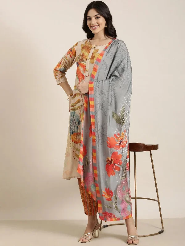 Women Straight Beige Floral Kurta and Trousers Set Comes With Dupatta-UB-2876-Beige